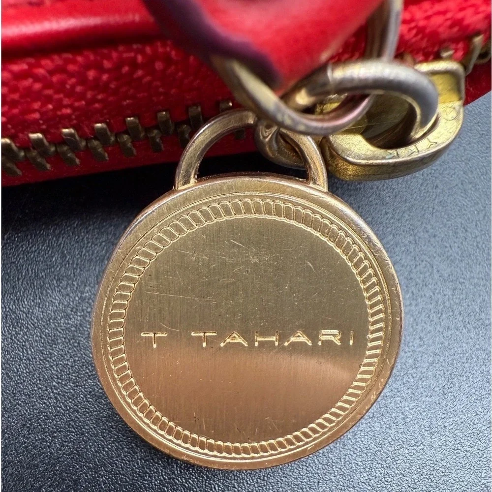 Red Pebble Genuine‎ Leather Wallet Tahari Brass Colored Zipper And Charm